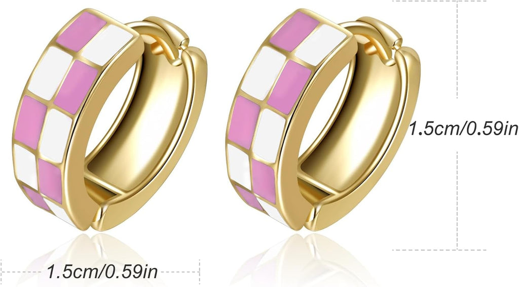 Chic Checker Small Hoop Cartilage Earrings Teacher Earrings for Women；White Black Enamel Hypoallergenic Hooped Gifts Gold and Silver tone