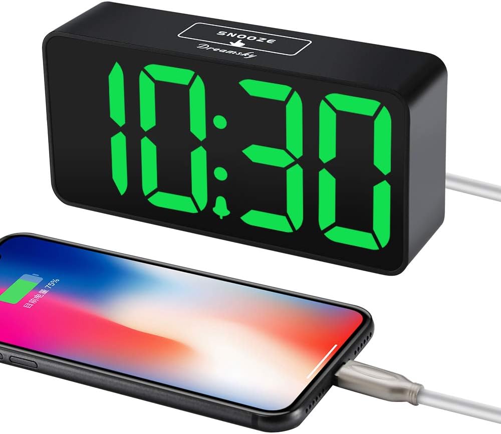 DreamSky Small Digital Alarm Clock for Bederoom, Large Big Numbers Display with Dimmer for Living Room, Electric Bedside Desk Clock with USB Charging Port, Adjustable Volume, USB-C Adapter Powered