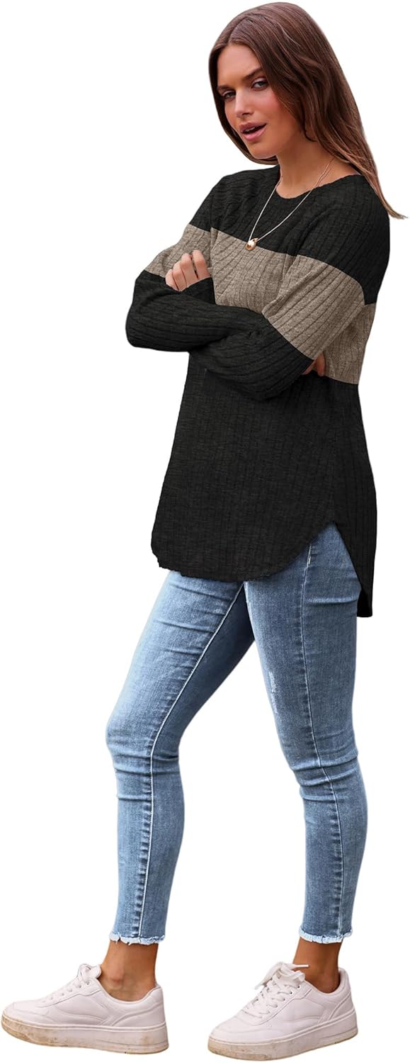 Saloogoe Long Sleeve Shirts for Women 2025 Fall Clothes Tunic Tops Loose Fit Dressy Crewneck Pullover Sweaters Curved Hem