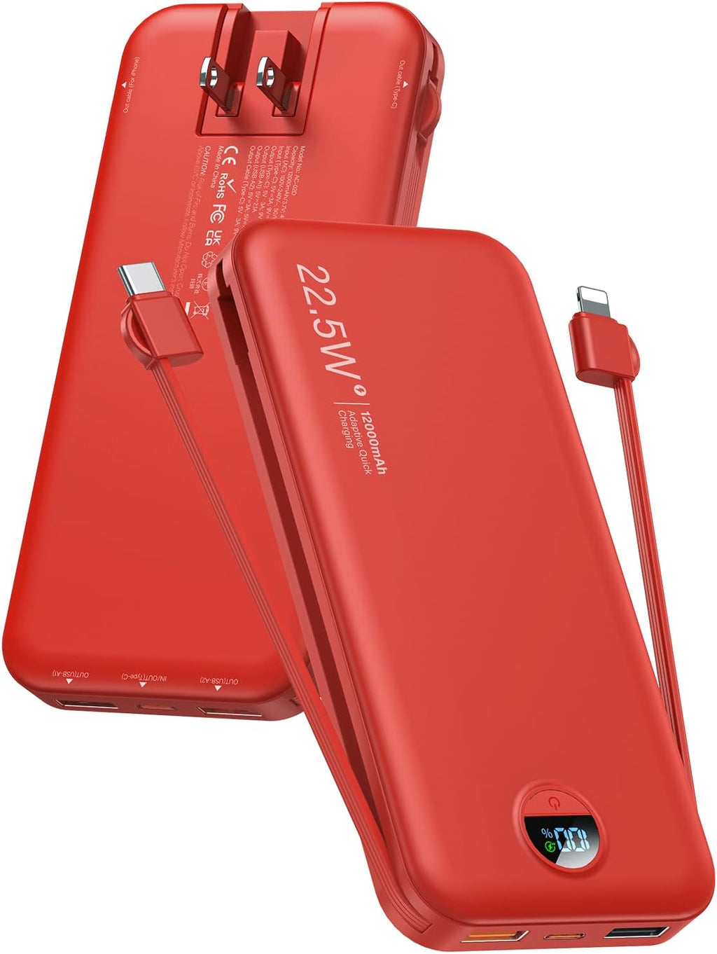 Portable Charger Power Bank, 12000mAh 22.5W USB C Fast Charging with Built-in Cables and Wall Plug, Travel Essential Battery Pack with LED Display for iPhone, iPad, Samsung Pink