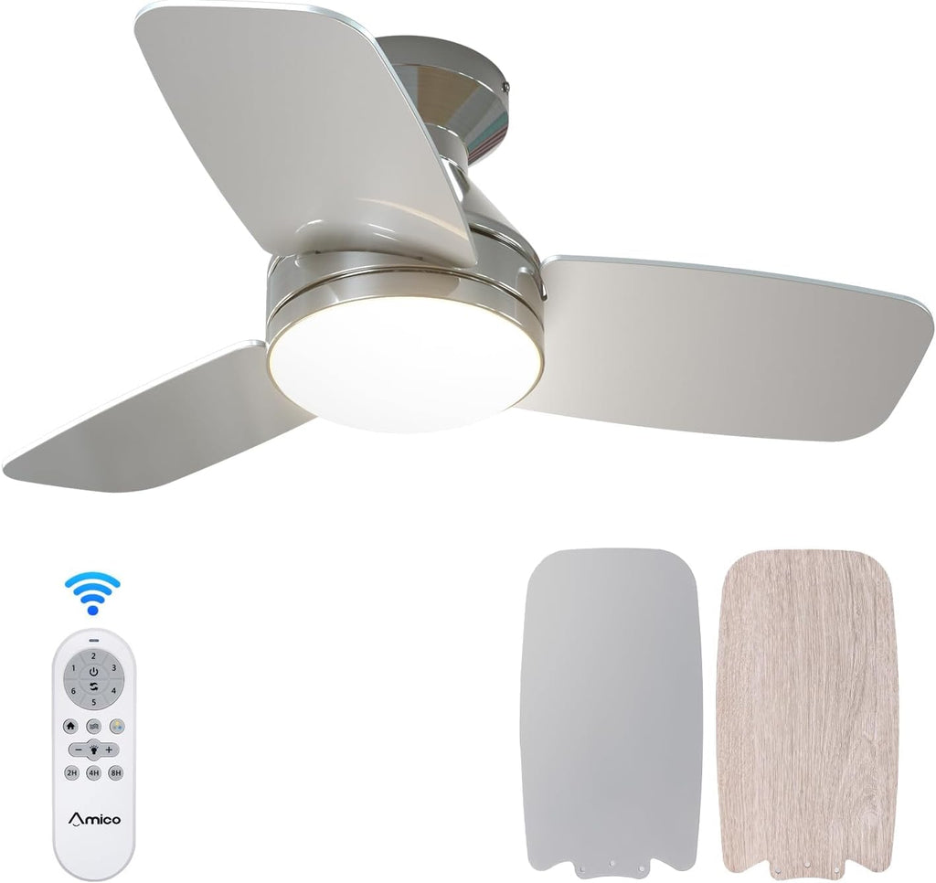 Amico Ceiling Fans with Lights, 42 inch Low Profile Ceiling Fan with Light and Remote Control, Flush Mount, Reversible, 3CCT, Dimmable, Noiseless, Black Ceiling Fan for Bedroom, Indoor/Outdoor Use