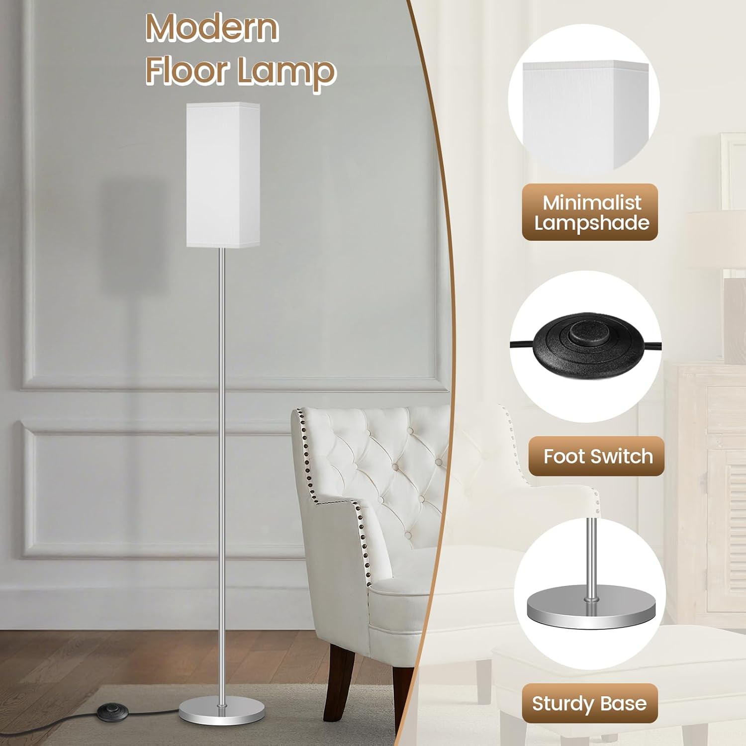64.6" Floor Lamp, Pole with Foot Switch, Modern Standing Lamp Lampshade, Minimalist Freestanding Lamp (Bulb Not Included), for Living Room, Bedroom Office ETL Listed, Black and Beige E07LD05