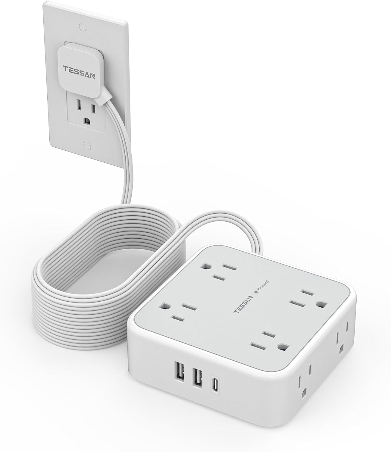 TESSAN Surge Protector Power Strip, 5 Ft Flat Plug Extension Cord with 3 USB (1 USB C) 8 Outlets, 900J Surge Protection, 3 Sided Outlet Extender with Power Switch for Office, Dorm Room Essentials