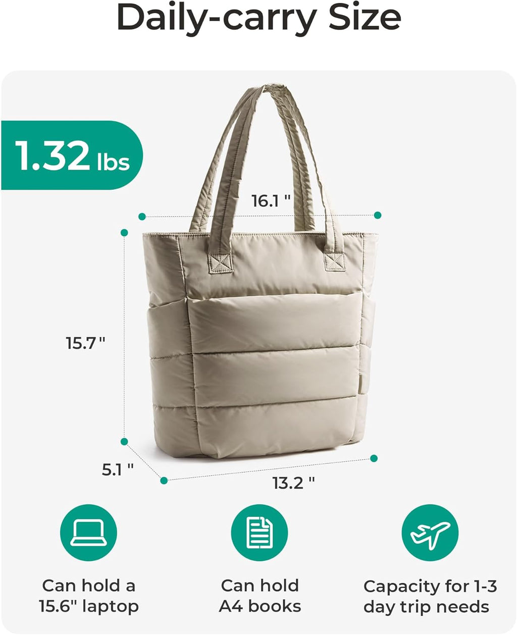 BAGSMART Tote Bag for Women, Lightweight Puffy Tote Bag with Compartments Shoulder Bag Handbag for Travel, Work, Gym