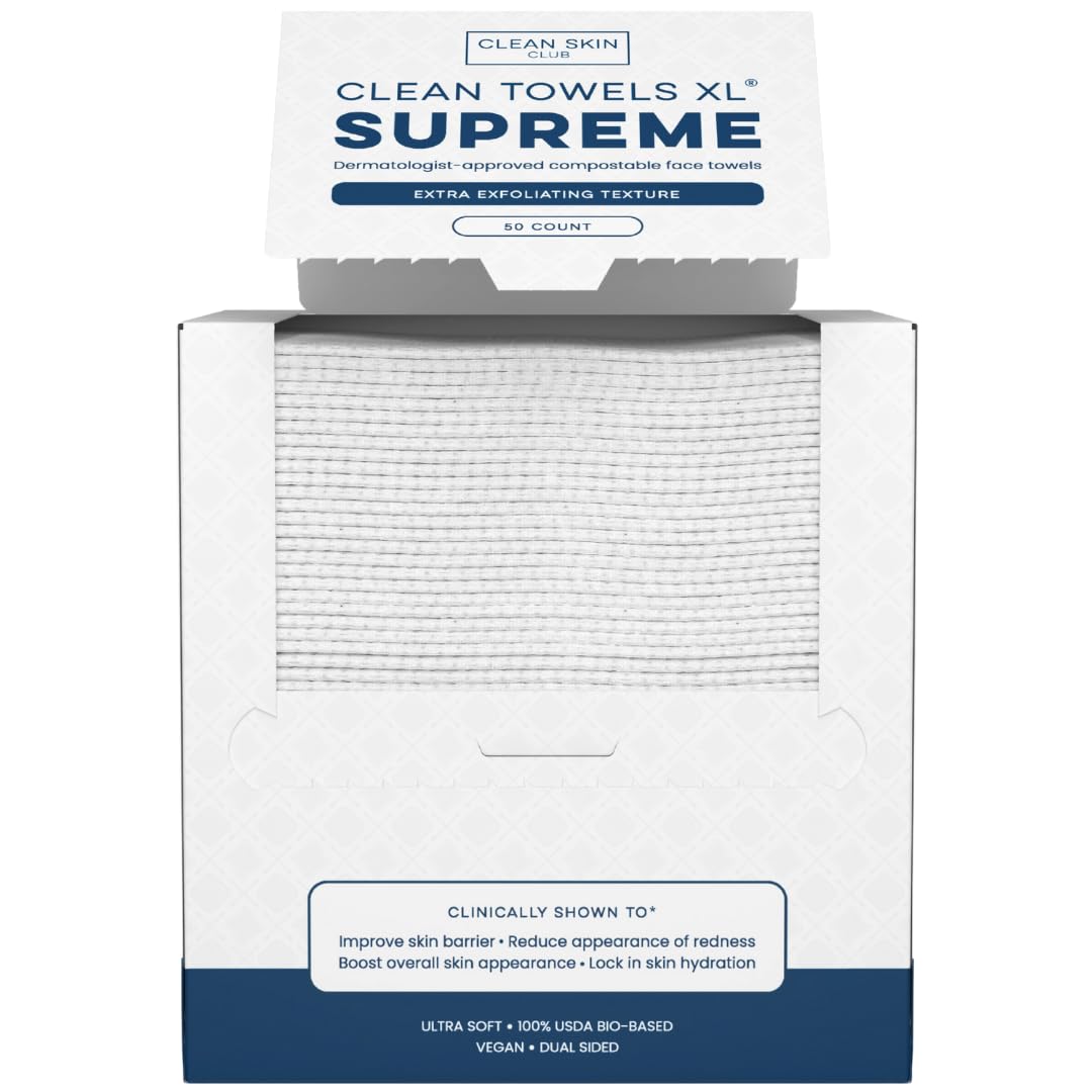 Clean Skin Club Clean Towels XL, 100% USDA Biobased Face Towel, Disposable Face Towelette, Eczema Association Accepted, Makeup Remover Dry Wipes, Ultra Soft, 1 Pack, 50 Ct