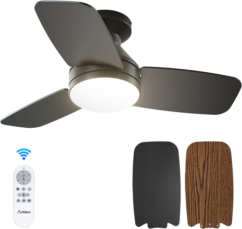 Amico Ceiling Fans with Lights, 42 inch Low Profile Ceiling Fan with Light and Remote Control, Flush Mount, Reversible, 3CCT, Dimmable, Noiseless, Black Ceiling Fan for Bedroom, Indoor/Outdoor Use