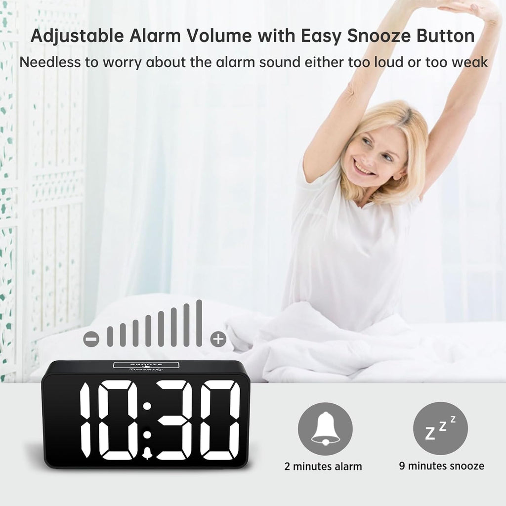 DreamSky Small Digital Alarm Clock for Bederoom, Large Big Numbers Display with Dimmer for Living Room, Electric Bedside Desk Clock with USB Charging Port, Adjustable Volume, USB-C Adapter Powered