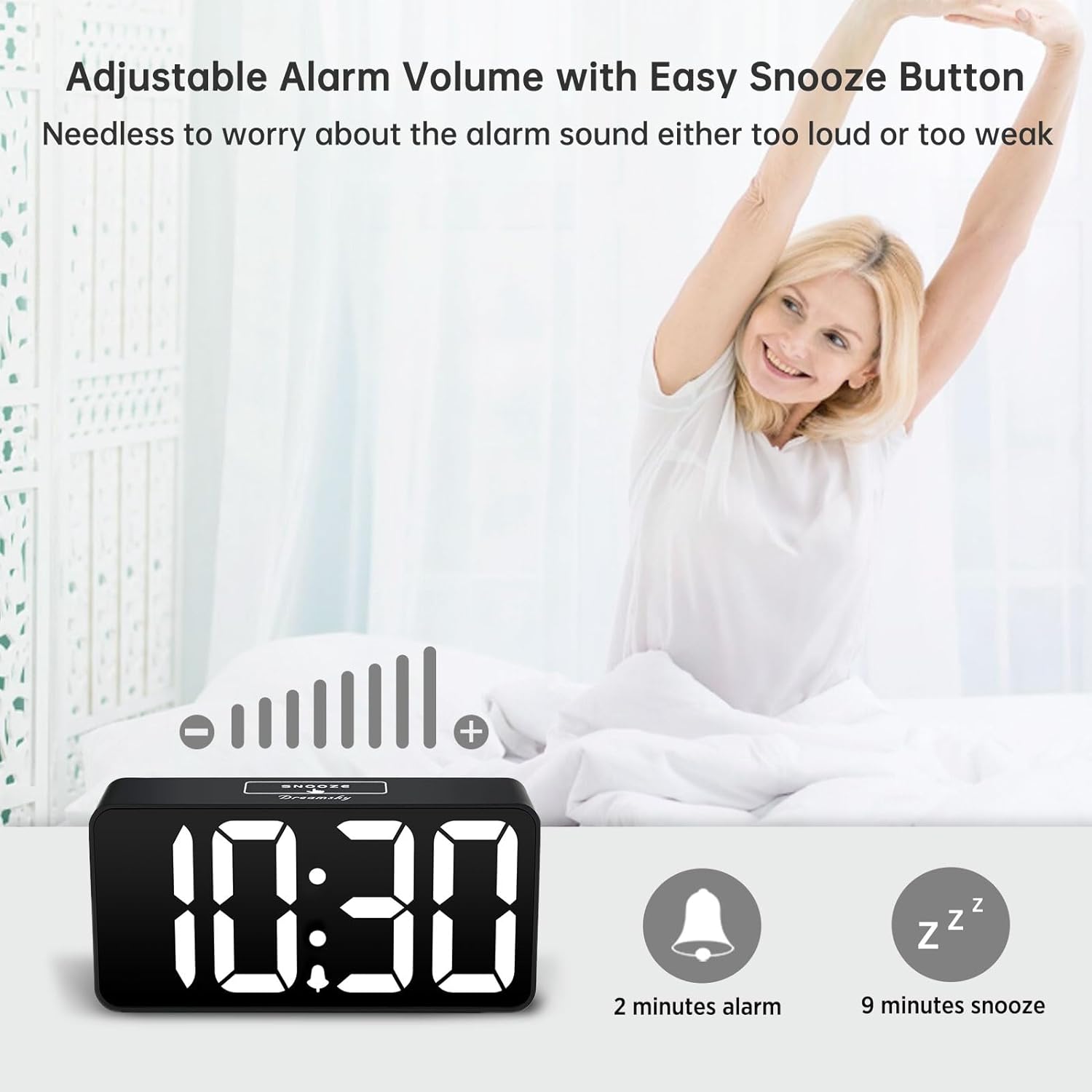 DreamSky Small Digital Alarm Clock for Bederoom, Large Big Numbers Display with Dimmer for Living Room, Electric Bedside Desk Clock with USB Charging Port, Adjustable Volume, USB-C Adapter Powered