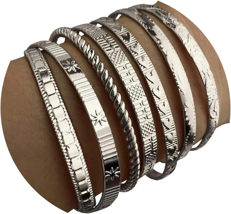 IFKM Gold Bangle Bracelets For Women, 14k Gold Plated Multi Layer Stackable Cuff Bracelet Set, Trendy Elegance Charms Non Tarnish Minimalist Textured Boho Jewelry Gift for Women