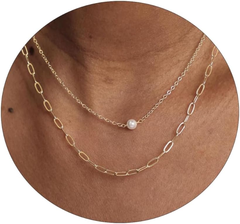 Dainty Pearl Pendant Necklaces for Women 14K Gold Plated Handmade Layered Pearl Chain Necklace Delicate Layered Pearl Necklace Everyday Jewelry Gift