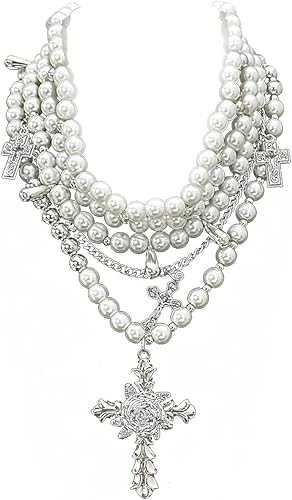 Layered Pearl Necklace Gothic Cross Pearl Stacked Necklace for Women