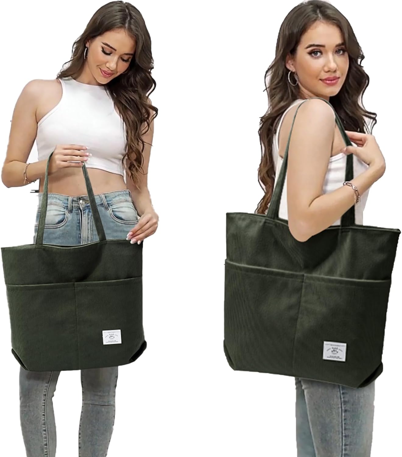 KALIDI Women Corduroy Tote Bag Zipper Casual Tote's Handbag Big Capacity Shoulder Bag with Pockets