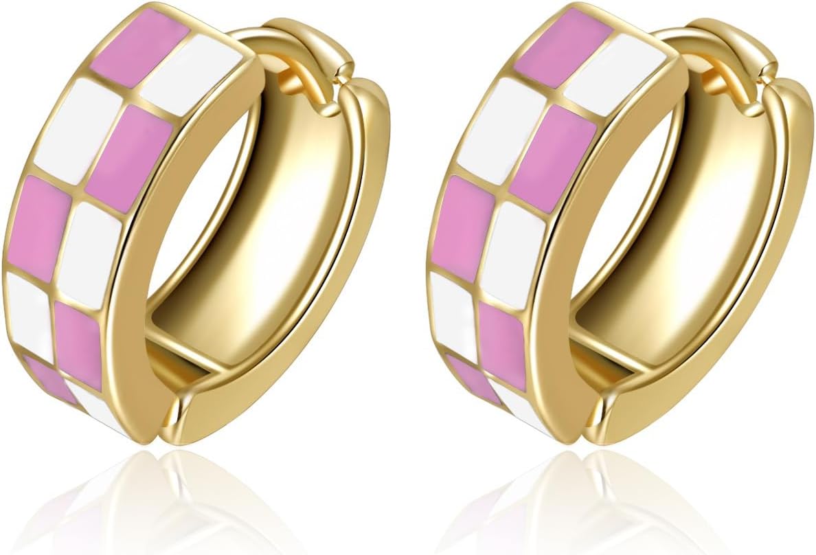 Chic Checker Small Hoop Cartilage Earrings Teacher Earrings for Women；White Black Enamel Hypoallergenic Hooped Gifts Gold and Silver tone