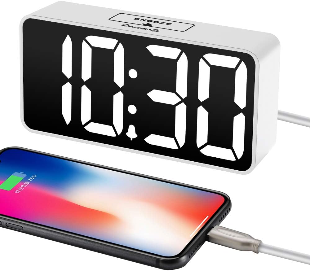 DreamSky Small Digital Alarm Clock for Bederoom, Large Big Numbers Display with Dimmer for Living Room, Electric Bedside Desk Clock with USB Charging Port, Adjustable Volume, USB-C Adapter Powered
