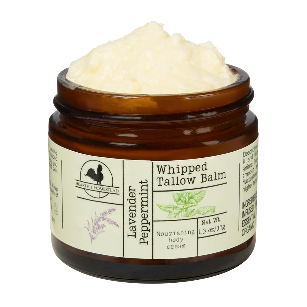 Hearth and Homestead: Handmade Whipped Tallow Balm (Unscented/Herb-Infused) - Organic Body Butter with Infused Olive Oil, for Eczema, Rosacea, Baby - 1.3 oz