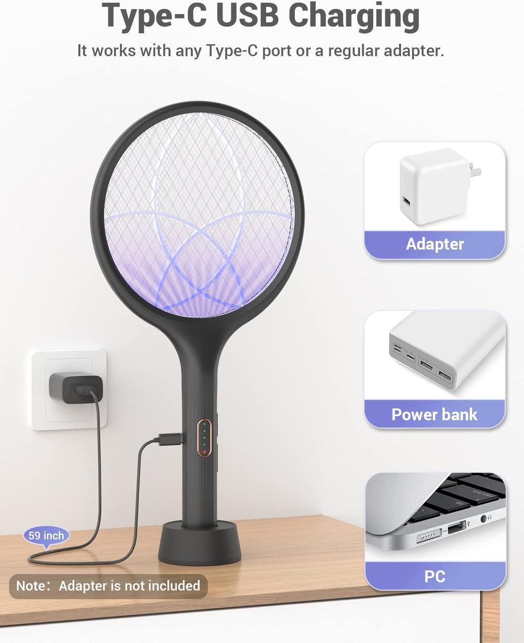 YISSVIC Electric Fly Swatter 4000V Bug Zapper Racket Dual Modes Mosquito Killer with Purple Mosquito Light Rechargeable for Indoor Home Office Backyard Patio Camping