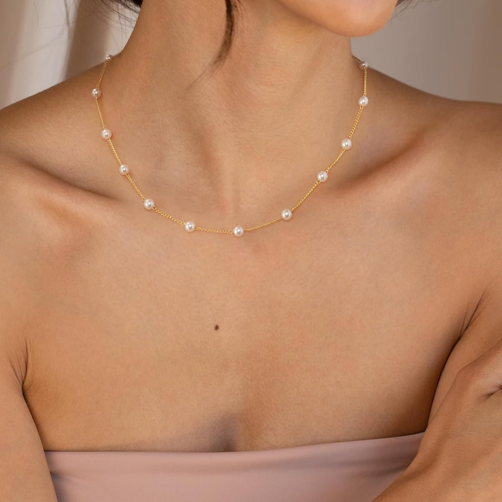 Dainty Pearl Pendant Necklaces for Women 14K Gold Plated Handmade Layered Pearl Chain Necklace Delicate Layered Pearl Necklace Everyday Jewelry Gift