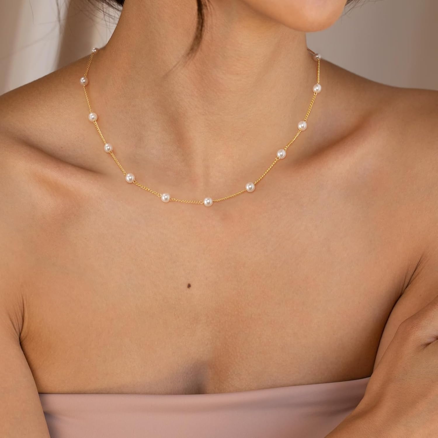 Dainty Pearl Pendant Necklaces for Women 14K Gold Plated Handmade Layered Pearl Chain Necklace Delicate Layered Pearl Necklace Everyday Jewelry Gift