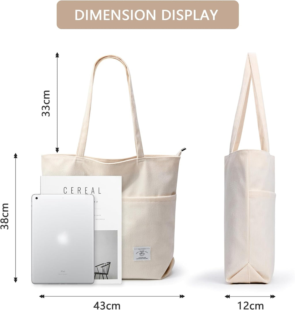 KALIDI Women Corduroy Tote Bag Zipper Casual Tote's Handbag Big Capacity Shoulder Bag with Pockets