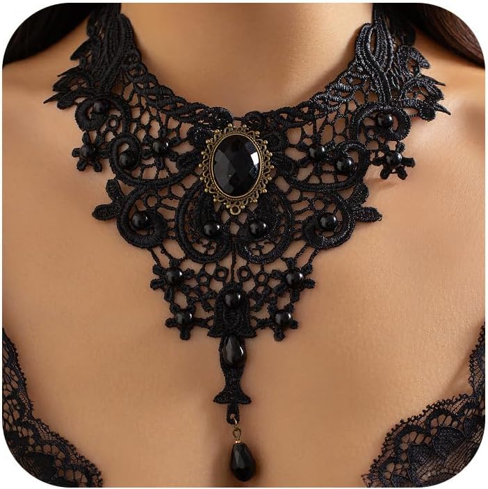 Fesciory Black Necklaces for Women, Adjustable Layered Velvet Leather Lace Collar Necklace, Goth Jewelry Gifts.