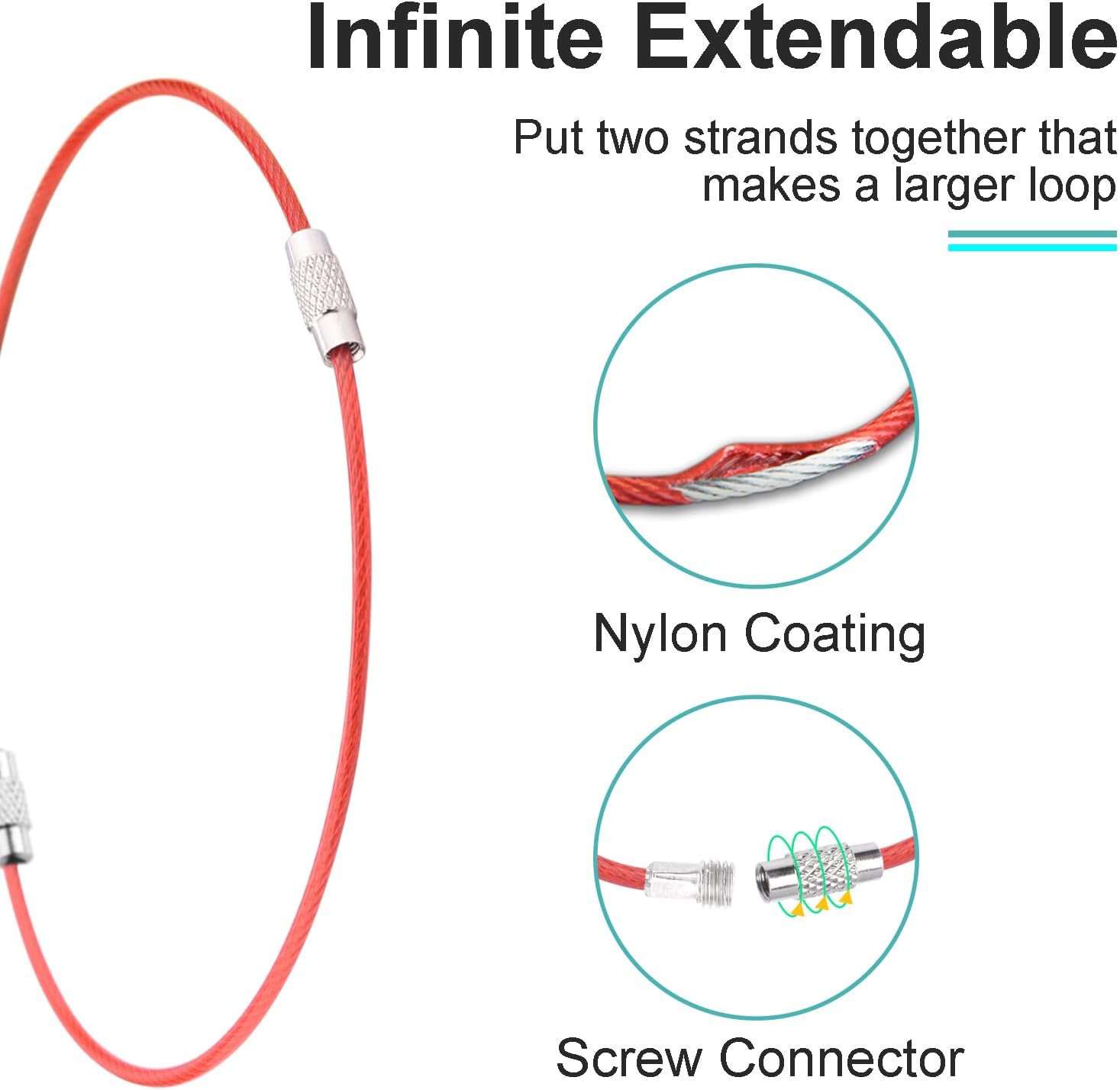 CooBigo 16 Pack Stainless Steel Loops 2mm Coated Wire Keychain Cable Large Keyrings 6 inch Key Chain for Luggage Tags, Key Tags, Keyrings, Kitchen utensils, Duster-Assorted Colors