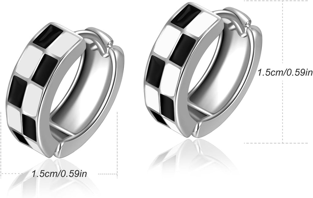 Chic Checker Small Hoop Cartilage Earrings Teacher Earrings for Women；White Black Enamel Hypoallergenic Hooped Gifts Gold and Silver tone