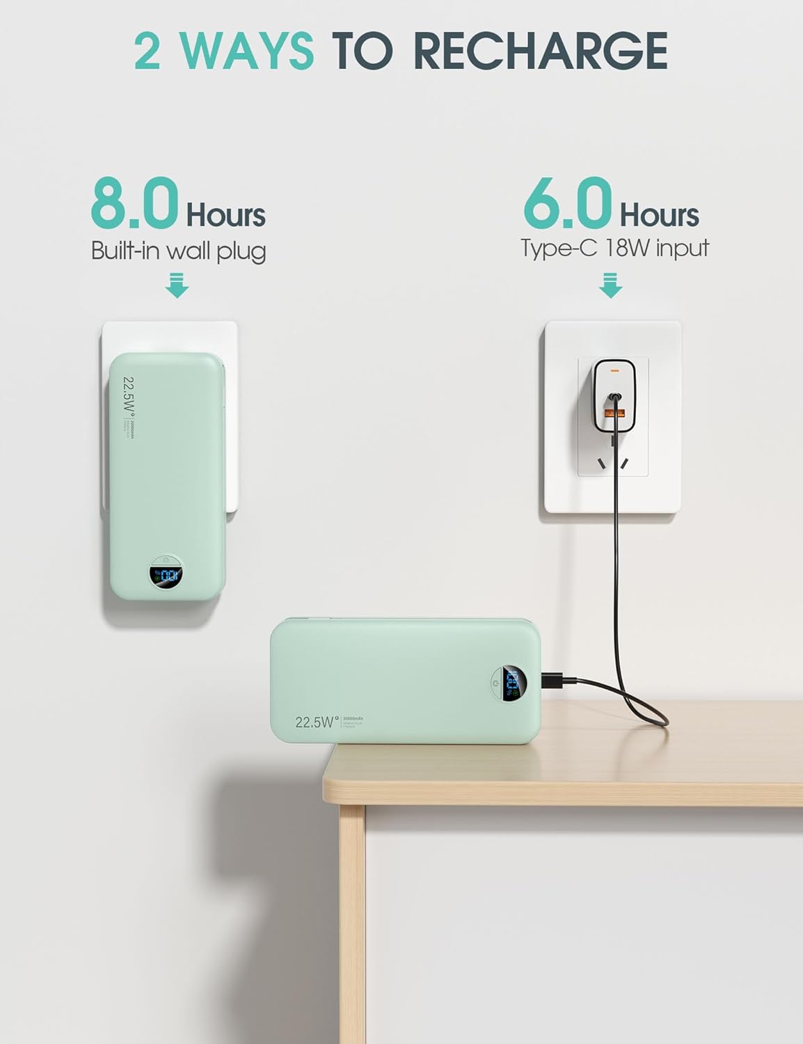 Portable Charger Power Bank, 12000mAh 22.5W USB C Fast Charging with Built-in Cables and Wall Plug, Travel Essential Battery Pack with LED Display for iPhone, iPad, Samsung Pink