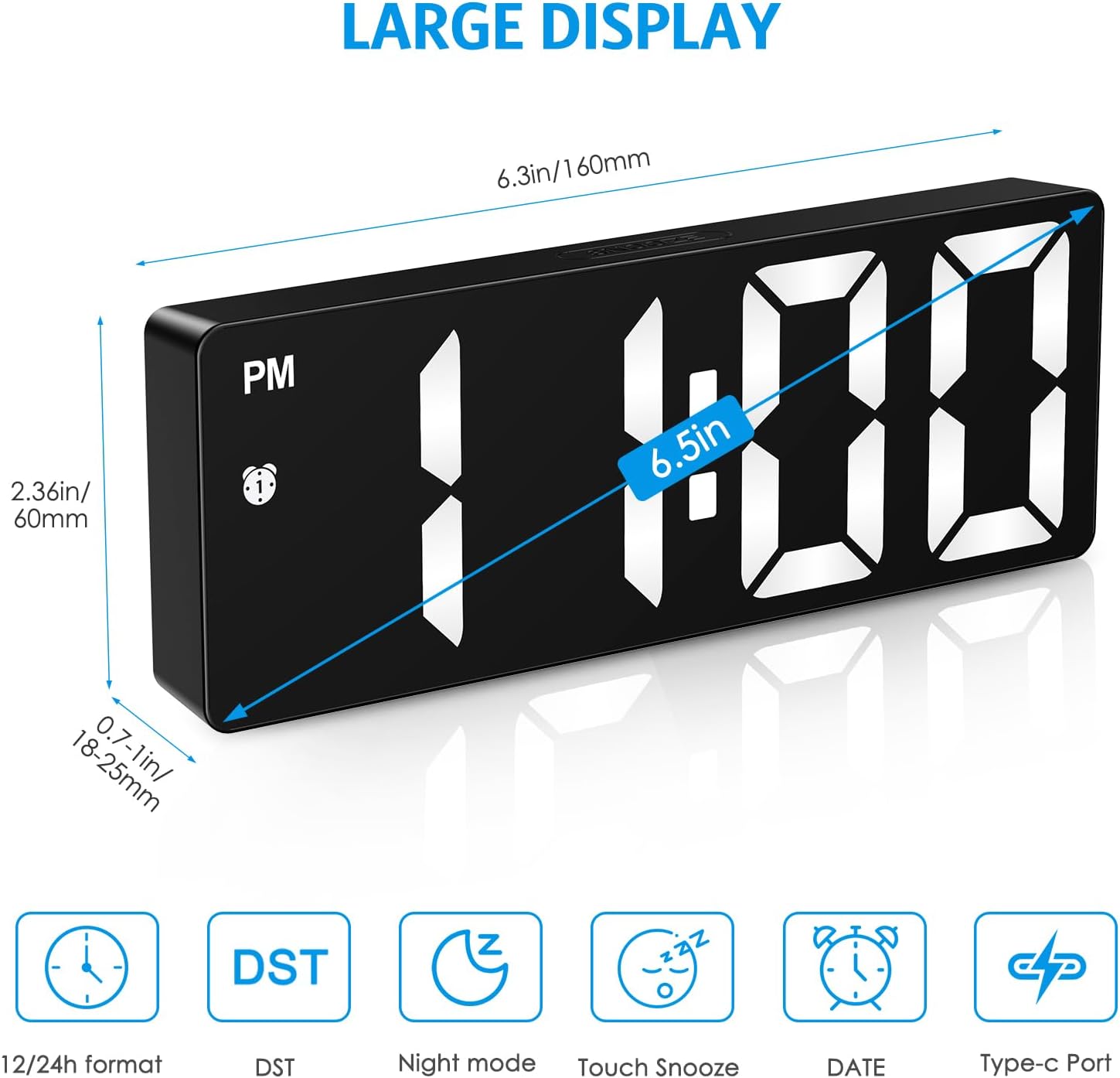 AMIR Digital Alarm Clock, [Upgraded Version] LED Clock for Bedroom, Electronic Desktop Clock with Type-C Port,Adjustable Brightness,DST,Snooze,12/24H Display for Home,Office
