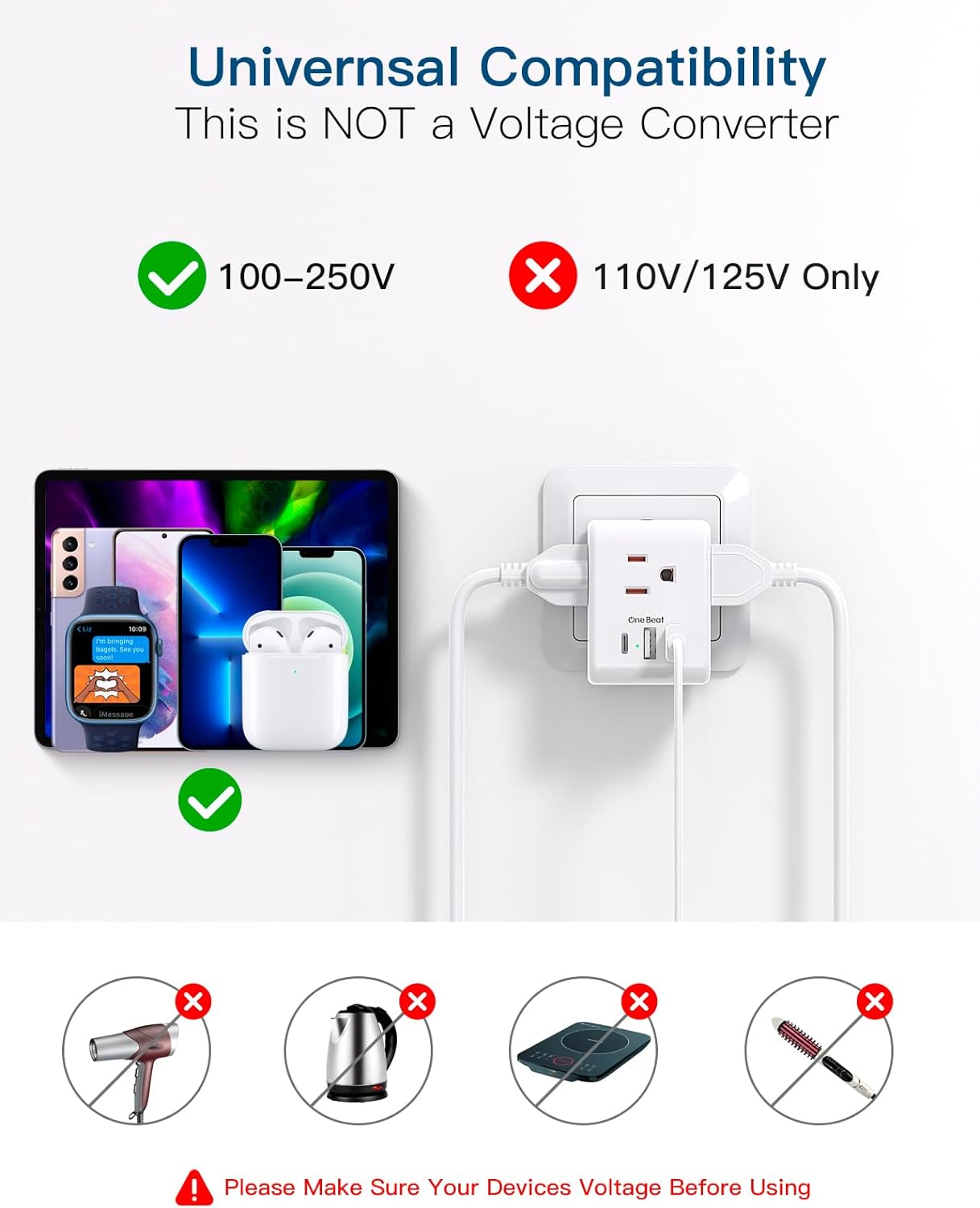 2 Pack European Travel Plug Adapter, International Power Plug Adapter with 3 Outlets 3 USB Charging Ports(1 USB C), Type C Plug Adapter Travel Essentials to Most Europe EU Spain Italy France Germany