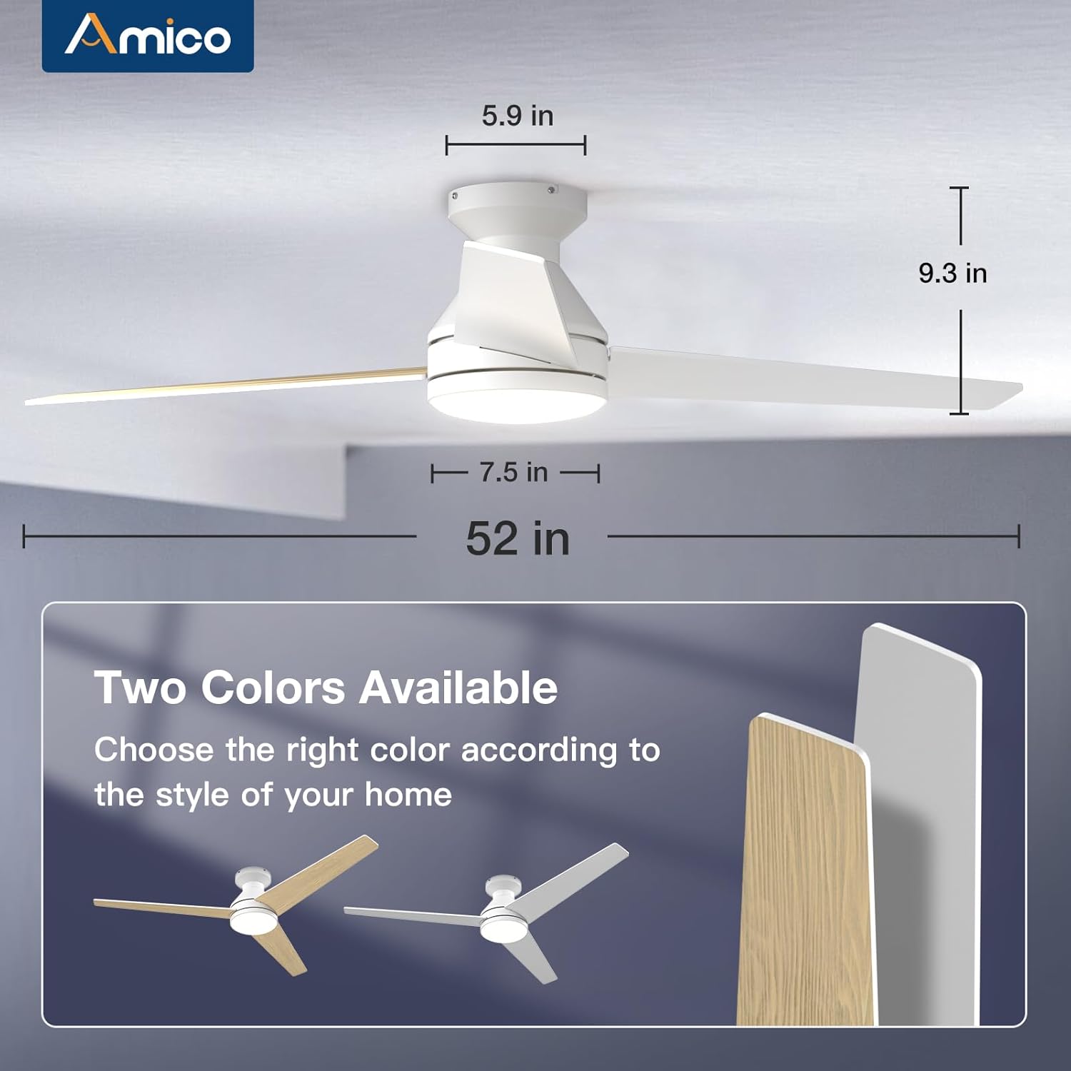 Amico Ceiling Fans with Lights, 42 inch Low Profile Ceiling Fan with Light and Remote Control, Flush Mount, Reversible, 3CCT, Dimmable, Noiseless, Black Ceiling Fan for Bedroom, Indoor/Outdoor Use