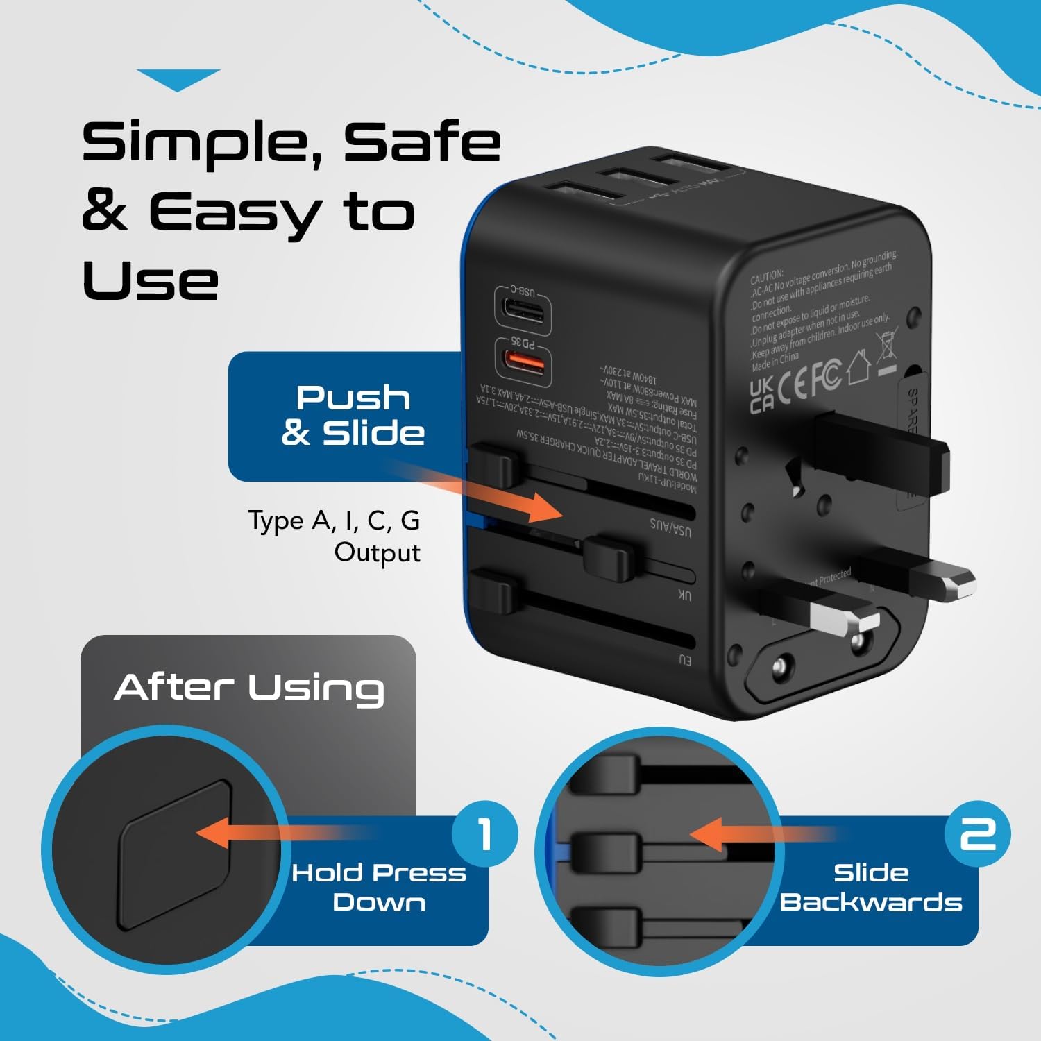 Ceptics Universal Travel Adapter, 35W International Power Adapter with PD & QC 3.0 Dual USB-C, 3 USB Travel Adapter Worldwide, Type I C G A Outlets 110V 220V A/C - EU Euro US UK (11-KU)