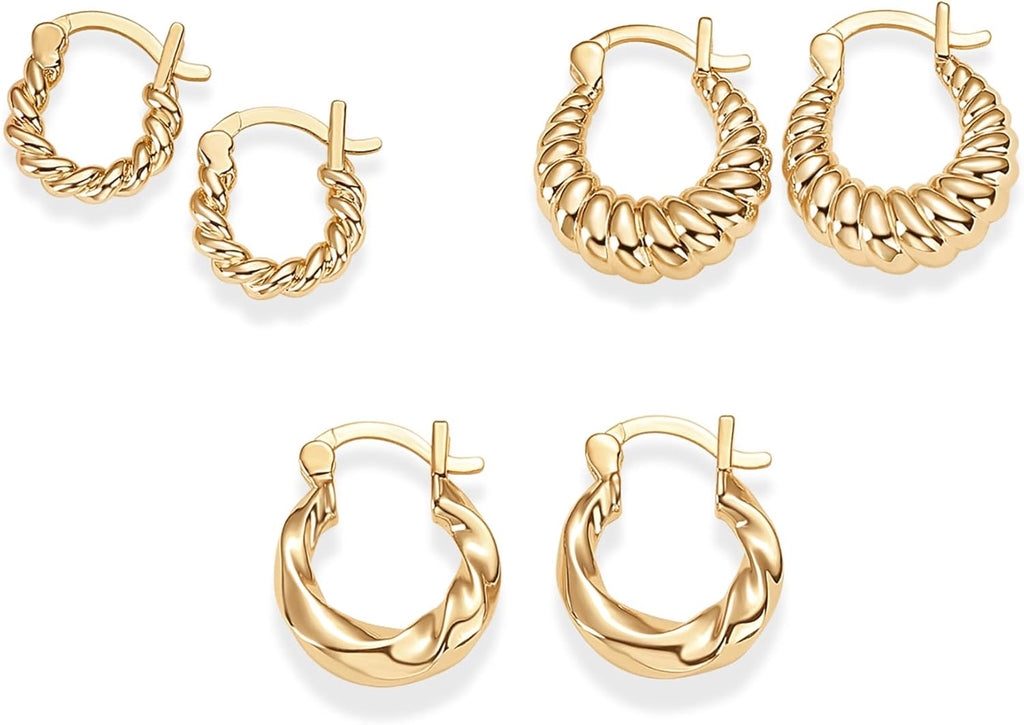 PAVOI 14K-18K Yellow Gold Plated 925 Sterling Silver Posts Three Pairs Small Hoop Earrings for Women - Statement Gold Hoop Earrings Set - Cubic Zirconia Rope Teardrop Chunky Huggie Earscape Piercings