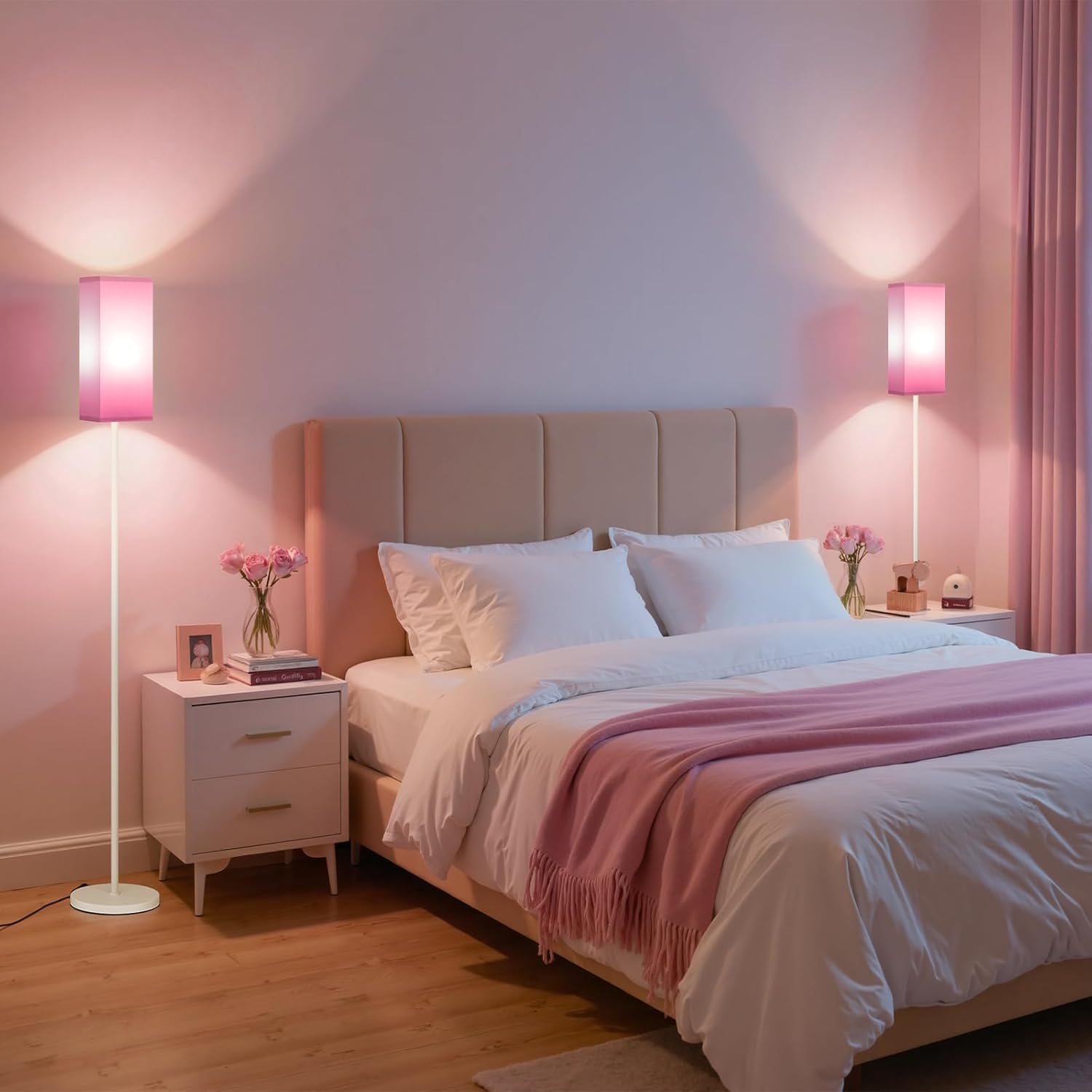 64.6" Floor Lamp, Pole with Foot Switch, Modern Standing Lamp Lampshade, Minimalist Freestanding Lamp (Bulb Not Included), for Living Room, Bedroom Office ETL Listed, Black and Beige E07LD05