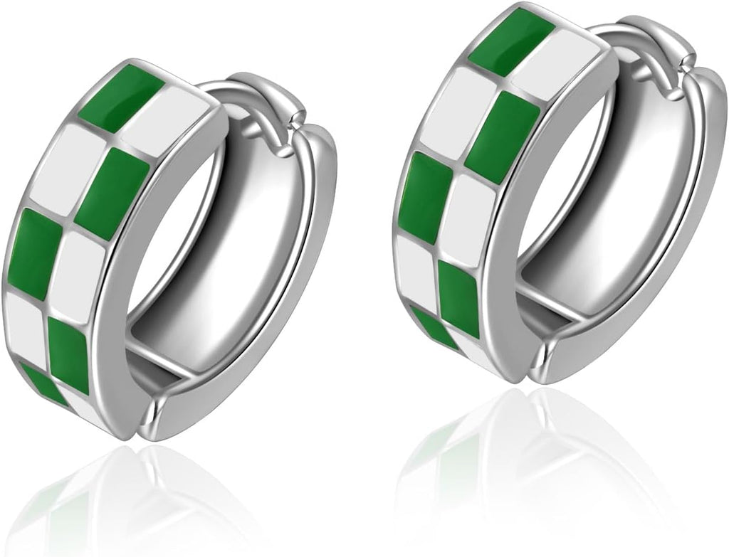 Chic Checker Small Hoop Cartilage Earrings Teacher Earrings for Women；White Black Enamel Hypoallergenic Hooped Gifts Gold and Silver tone