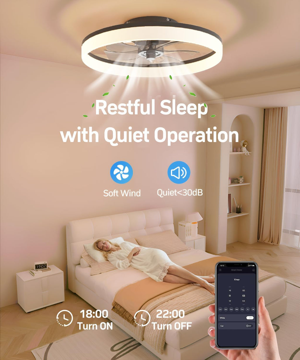 Ceiling Fans with Lights and Remote, 20" Modern Low Profile Ceiling Fan with Light, Stepless Color Temperature Change and 6 Speeds for Bedroom, Kids Room and Living Room (Black)