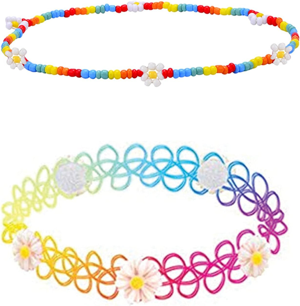 BodyJ4You 2PC Tattoo Choker Necklace - 90s Choker Necklace Women - 2000s Y2K Black Chokers Rainbow Choker - Butterfly Ying Yang Unicorn Rainbow Charms - Stretchy Elastic Necklace