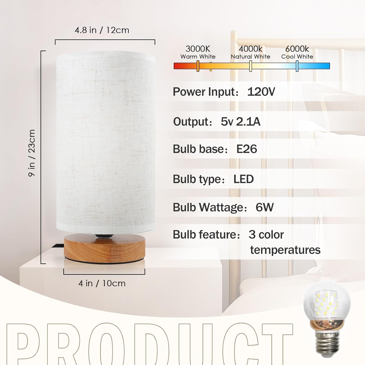 Small Bedside Table Lamp for Bedroom, Minimalist Wood Base & Round Fabric Shade, Mini Cute Cozy Warm White Nightstand Boho Lamp, Study Desk Night Stand Light for Room, Dorm, Nursery, Living Room