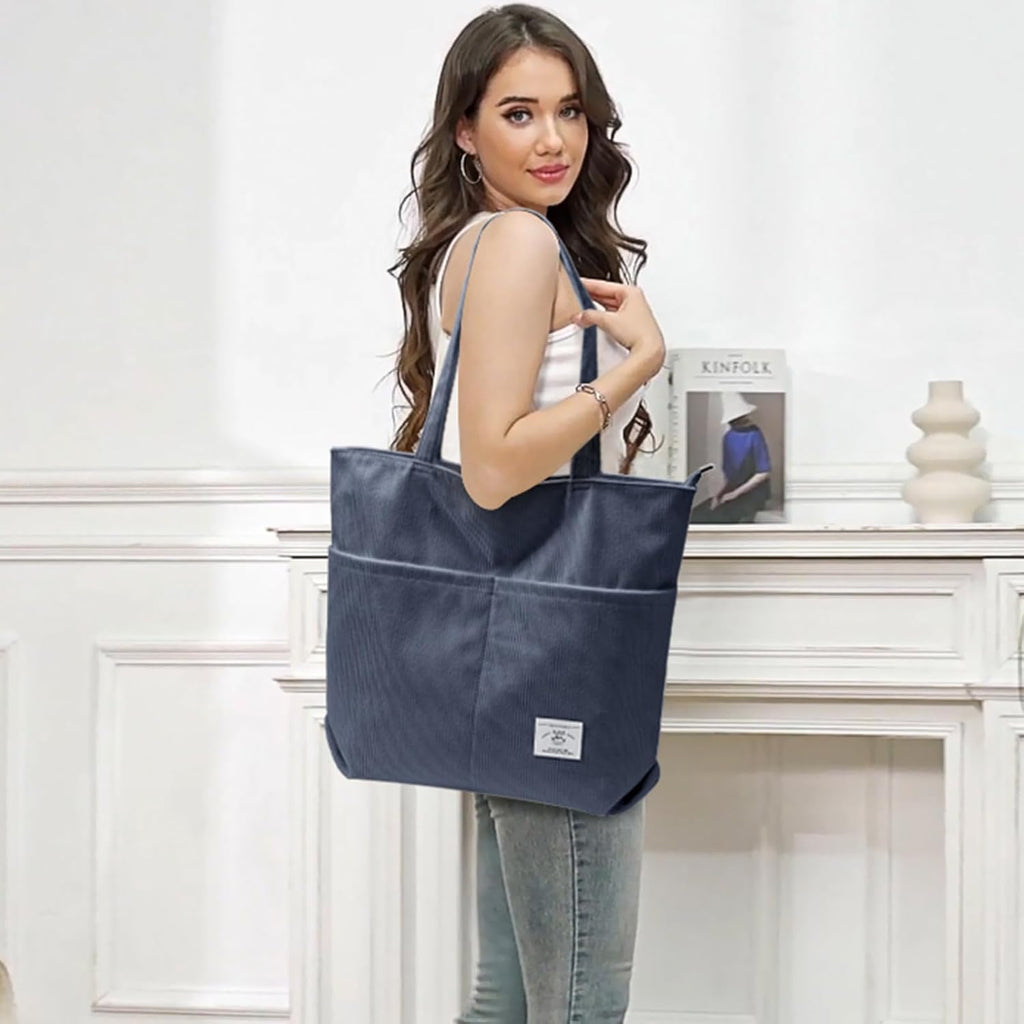 KALIDI Women Corduroy Tote Bag Zipper Casual Tote's Handbag Big Capacity Shoulder Bag with Pockets