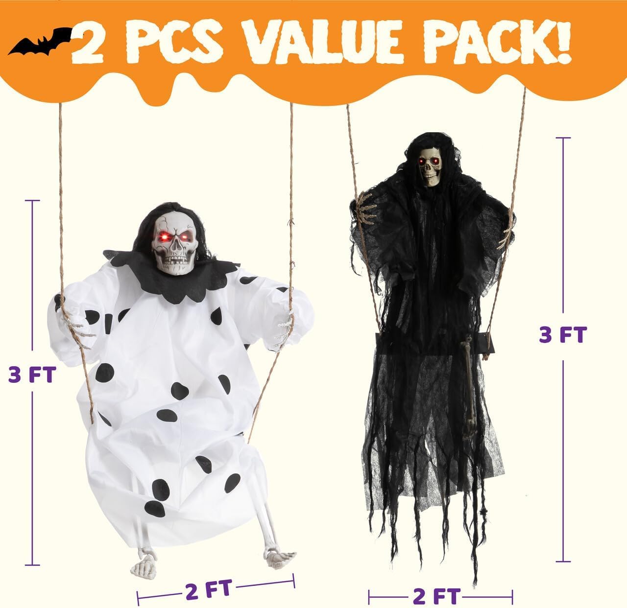 JOYIN 2 Pcs Halloween Hanging Swinging Ghosts Decorations Outdoor, Halloween Scary Decor with Lighted Up Eyes, Creepy Swinging Skeleton Flying Props for Yard Patio Lawn Garden