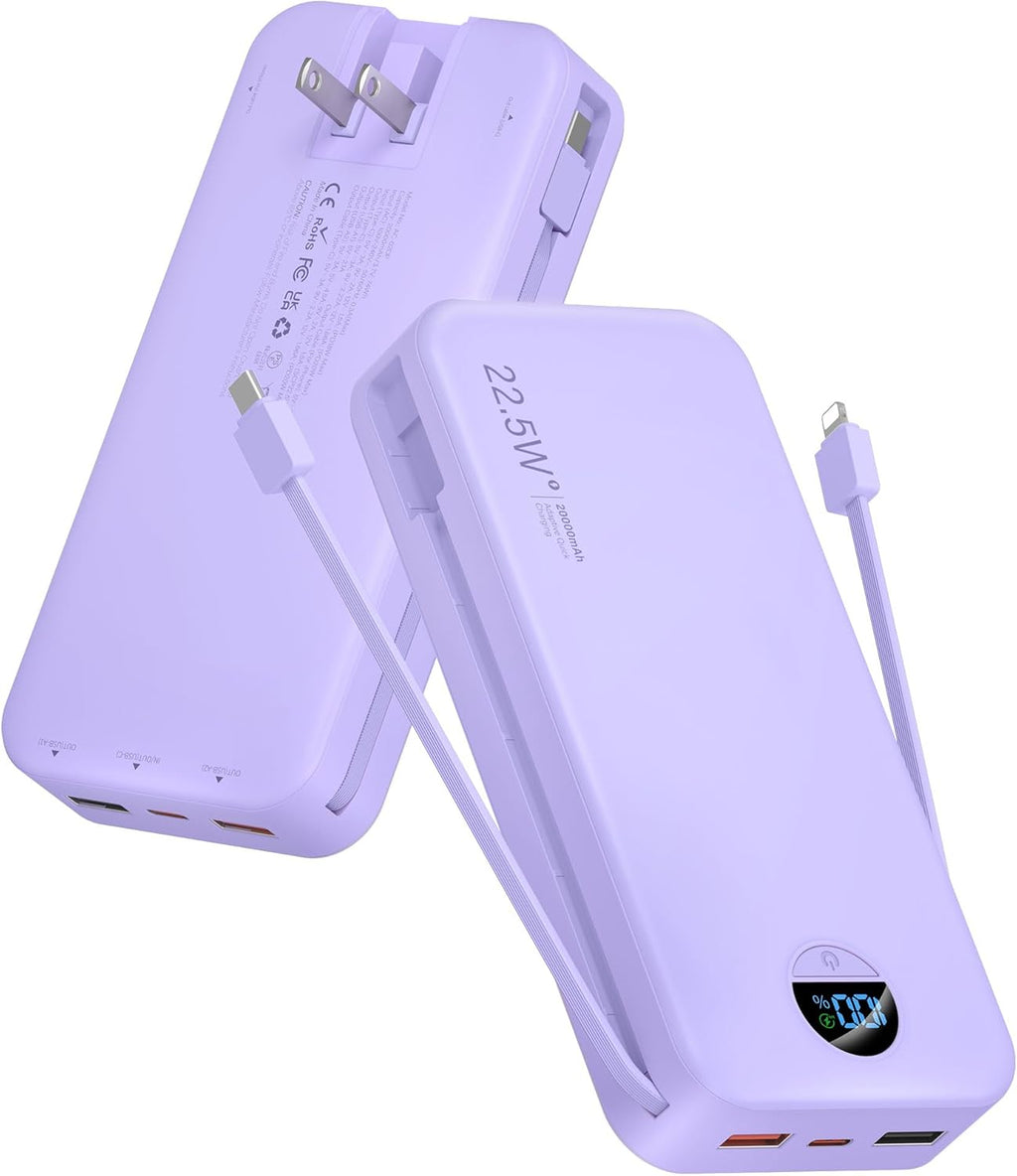 Portable Charger Power Bank, 12000mAh 22.5W USB C Fast Charging with Built-in Cables and Wall Plug, Travel Essential Battery Pack with LED Display for iPhone, iPad, Samsung Pink