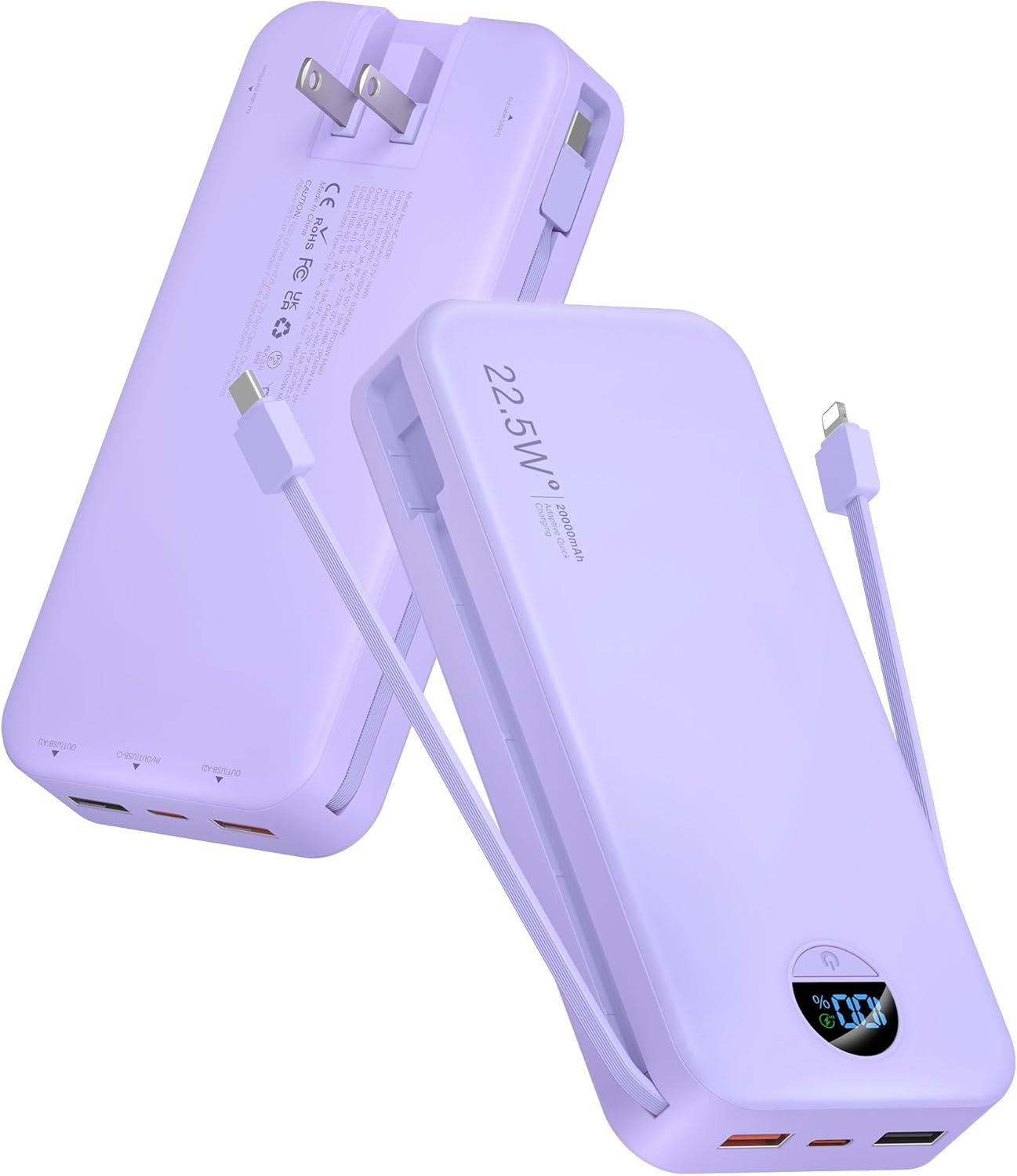 Portable Charger Power Bank, 12000mAh 22.5W USB C Fast Charging with Built-in Cables and Wall Plug, Travel Essential Battery Pack with LED Display for iPhone, iPad, Samsung Pink