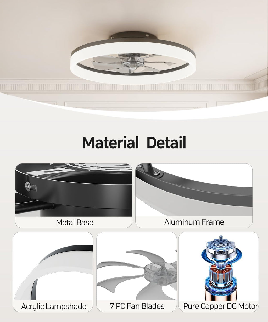 Ceiling Fans with Lights and Remote, 20" Modern Low Profile Ceiling Fan with Light, Stepless Color Temperature Change and 6 Speeds for Bedroom, Kids Room and Living Room (Black)