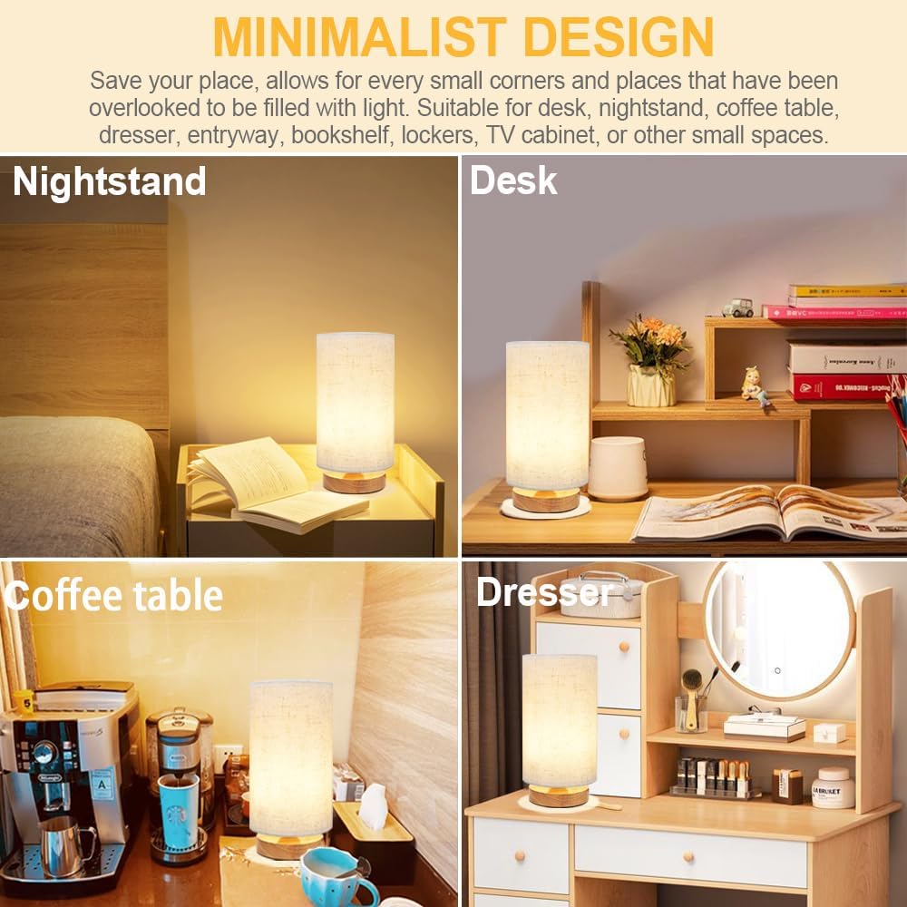 Small Bedside Table Lamp for Bedroom, Minimalist Wood Base & Round Fabric Shade, Mini Cute Cozy Warm White Nightstand Boho Lamp, Study Desk Night Stand Light for Room, Dorm, Nursery, Living Room