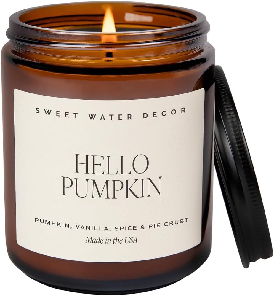 Sweet Water Decor Hello Fall Soy Candles - Fall Candle with Hot Cider, Cinnamon, Cloves, and Nutmeg Scent for Home - Soy Candle with 40 Hours Burn Time - 9Oz Black Lid Amber Jar Candles Fall Scents