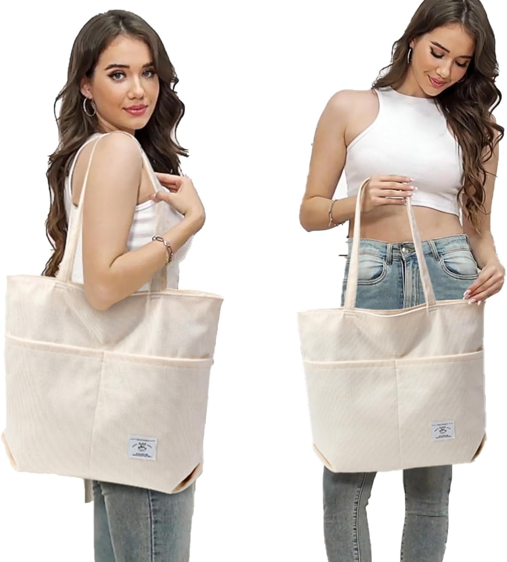 KALIDI Women Corduroy Tote Bag Zipper Casual Tote's Handbag Big Capacity Shoulder Bag with Pockets