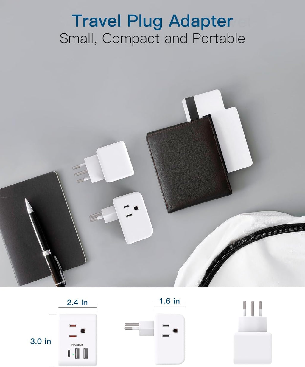 2 Pack European Travel Plug Adapter, International Power Plug Adapter with 3 Outlets 3 USB Charging Ports(1 USB C), Type C Plug Adapter Travel Essentials to Most Europe EU Spain Italy France Germany