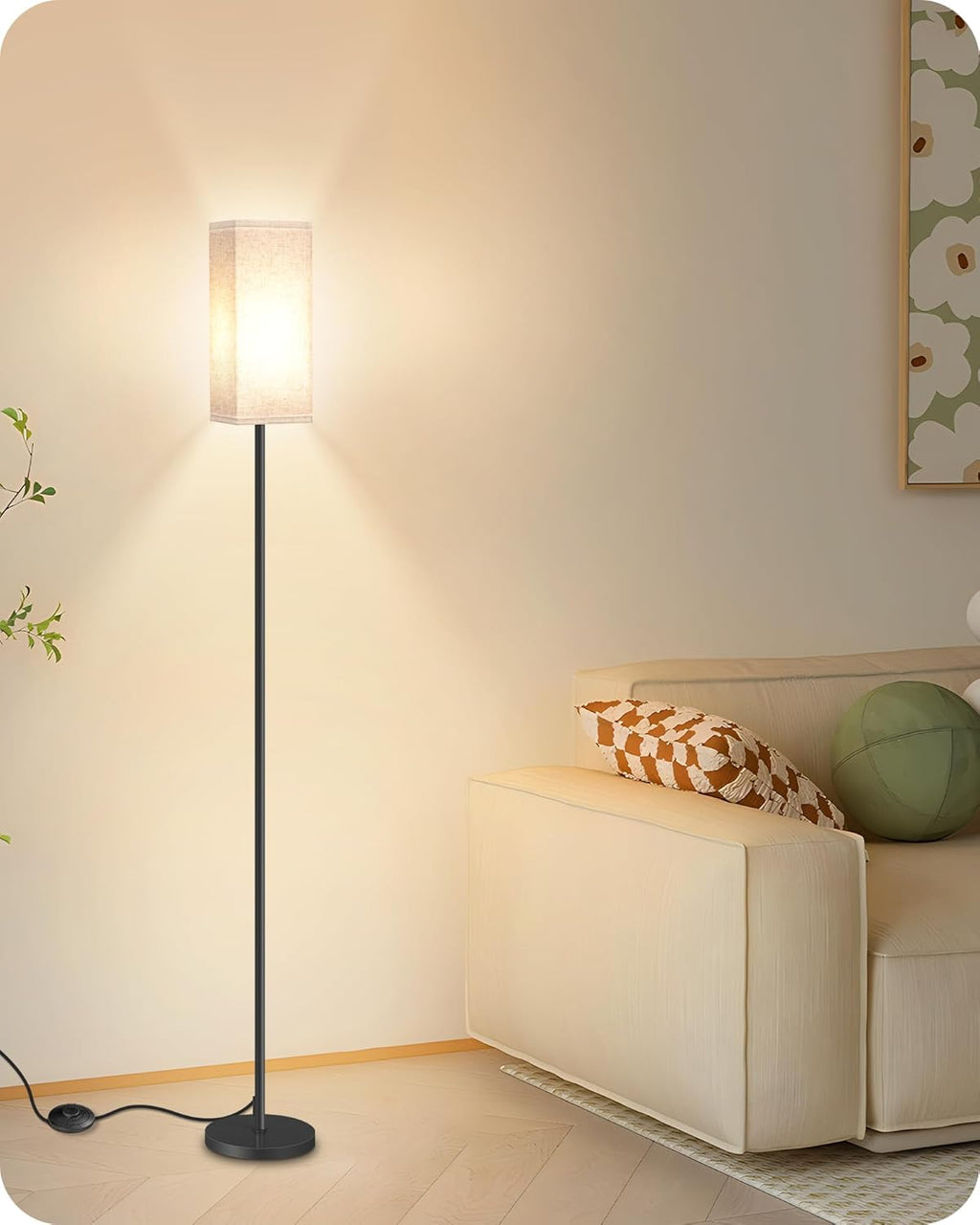 64.6" Floor Lamp, Pole with Foot Switch, Modern Standing Lamp Lampshade, Minimalist Freestanding Lamp (Bulb Not Included), for Living Room, Bedroom Office ETL Listed, Black and Beige E07LD05
