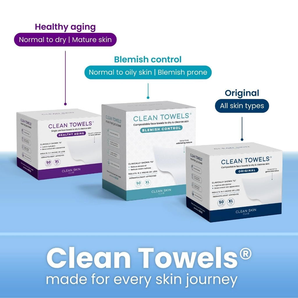 Clean Skin Club Clean Towels XL, 100% USDA Biobased Face Towel, Disposable Face Towelette, Eczema Association Accepted, Makeup Remover Dry Wipes, Ultra Soft, 1 Pack, 50 Ct