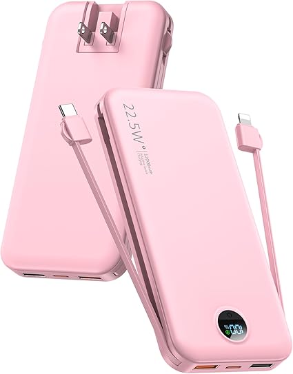 Portable Charger Power Bank, 12000mAh 22.5W USB C Fast Charging with Built-in Cables and Wall Plug, Travel Essential Battery Pack with LED Display for iPhone, iPad, Samsung Pink