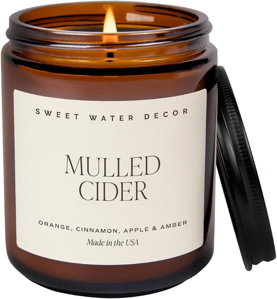 Sweet Water Decor Hello Fall Soy Candles - Fall Candle with Hot Cider, Cinnamon, Cloves, and Nutmeg Scent for Home - Soy Candle with 40 Hours Burn Time - 9Oz Black Lid Amber Jar Candles Fall Scents